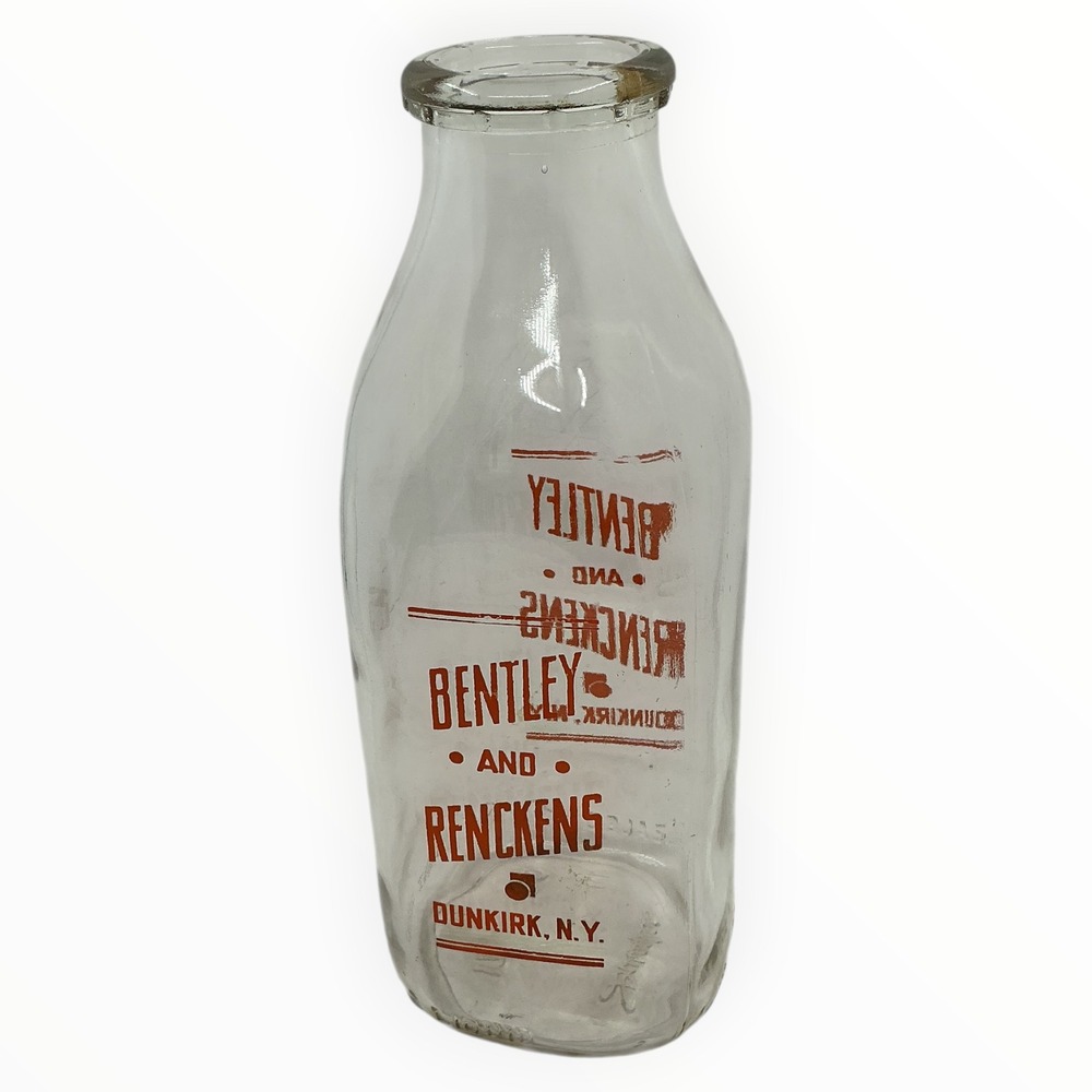 Vintage Bentley Renckens Dunkirk New York Quart Milk Bottle Orange Pyro Duraglas
